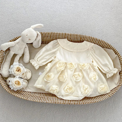 -ベビーロンパース ローズフラワースカート長袖ボディスーツ ドレスロンパース - mamahalo shop - 長袖ロンパース -  べビー服 - 子供服 - 男の子 - 女の子