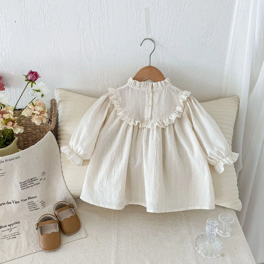 -ベビーキッズワンピース スタンドフリルカラーリボンワンポイント長袖ワンピース ベージュ - mamahalo shop - 長袖ワンピース -  べビー服 - 子供服 - 男の子 - 女の子