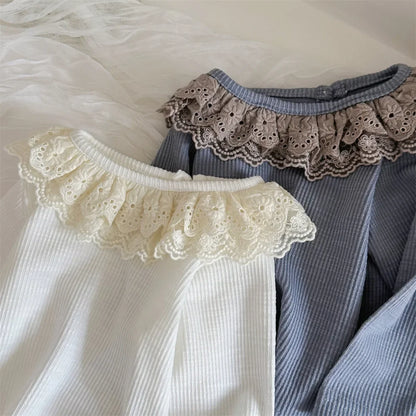 -ベビートップス ボリュームレースラッフル襟長袖カットソーTシャツ 2カラー - mamahalo shop - 長袖Tシャツ -  べビー服 - 子供服 - 男の子 - 女の子