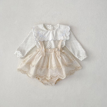-ベビートップス/パンツ 水玉ドット/無地スクエア襟長袖Tシャツ/サスペンダーレーススカートブルマパンツ - mamahalo shop - 長袖セットアップ -  べビー服 - 子供服 - 男の子 - 女の子