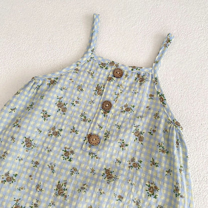 -☺︎ ベビージャンプスーツ キャミソールボディスーツ チェックフラワー花柄プリント - mamahalo shop - ノースリーブジャンプスーツ -  べビー服 - 子供服 - 男の子 - 女の子