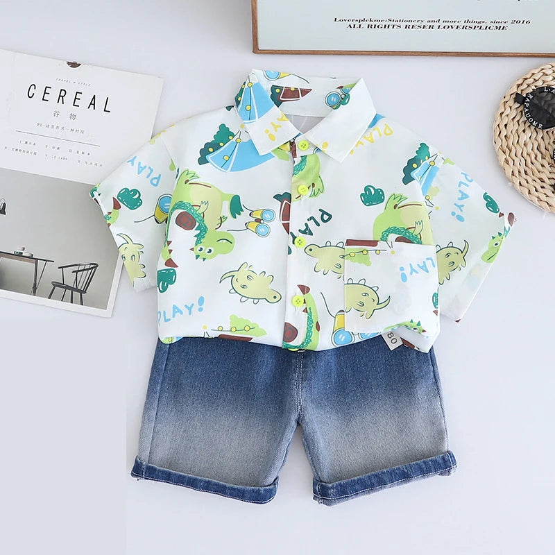 -キッズセットアップ 2点セット 半袖プリントシャツ+デニムハーフパンツ 2カラー【mh0006164】 - mamahalo shop - 半袖セットアップ -  べビー服 - 子供服 - 男の子 - 女の子