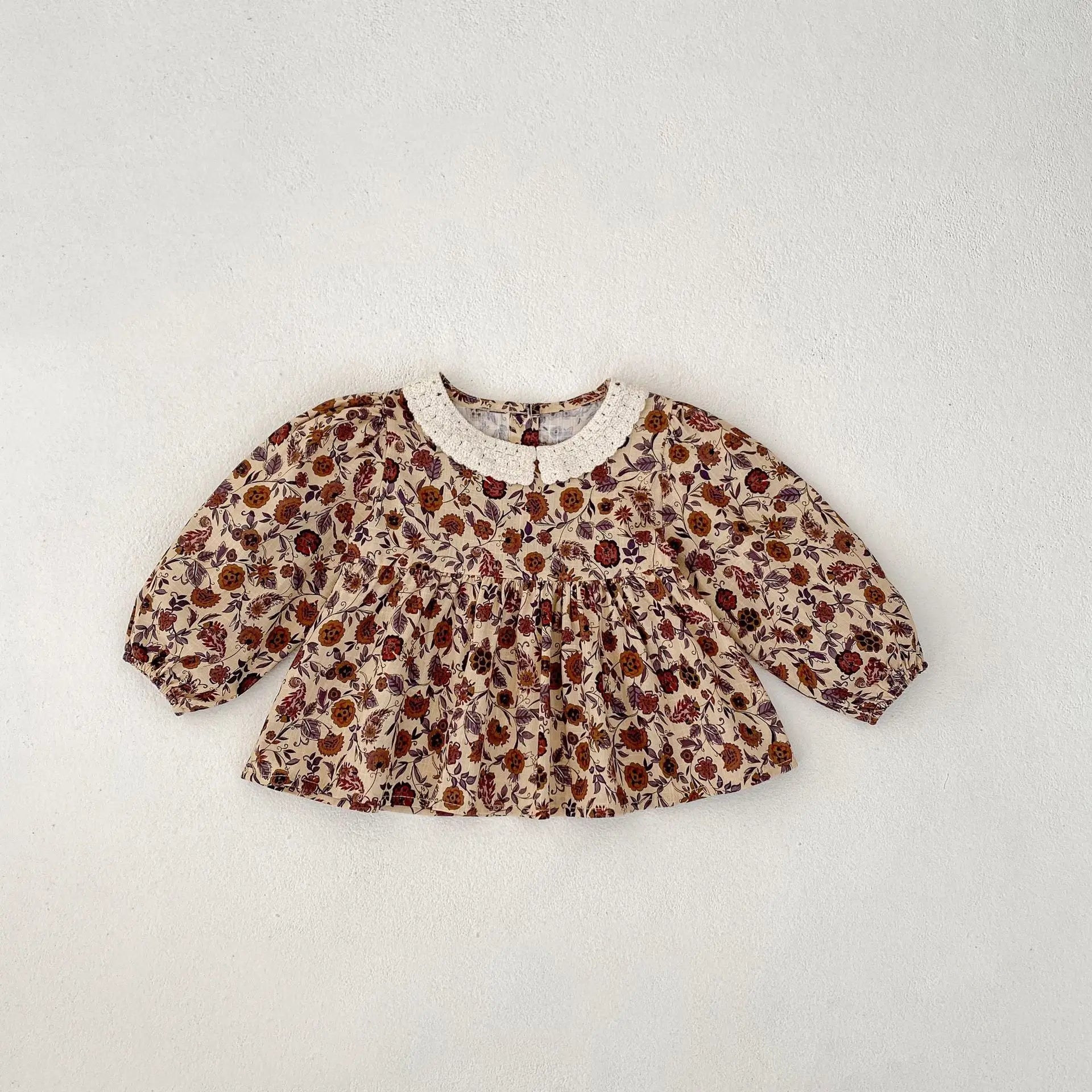 -ベビーキッズセットアップ 2点セット レース襟シックフラワープリント長袖チュニックブラウス+バルーンショートパンツ【mh0007435】 - mamahalo shop - 長袖セットアップ -  べビー服 - 子供服 - 男の子 - 女の子