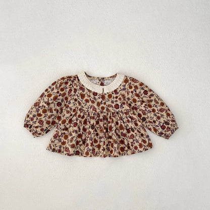 -ベビーキッズセットアップ 2点セット レース襟シックフラワープリント長袖チュニックブラウス+バルーンショートパンツ【mh0007435】 - mamahalo shop - 長袖セットアップ -  べビー服 - 子供服 - 男の子 - 女の子