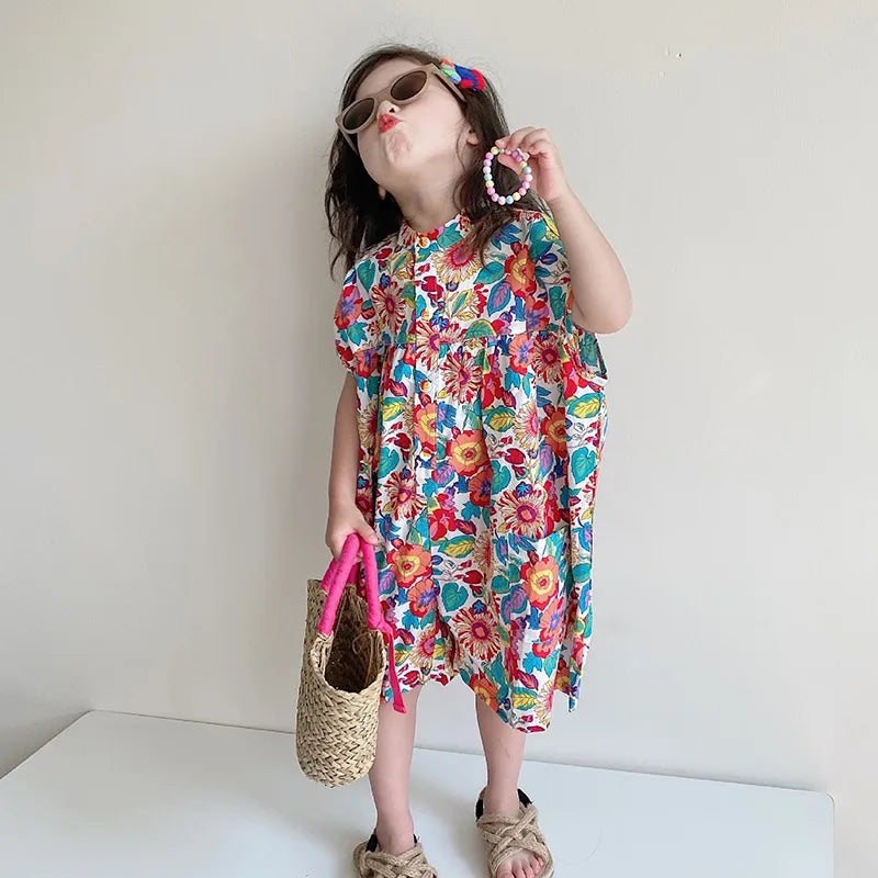 -キッズジャンプスーツ 半袖シャツつなぎ フラワー花柄プリント【mh0005838】 - mamahalo shop - 半袖ジャンプスーツ -  べビー服 - 子供服 - 男の子 - 女の子