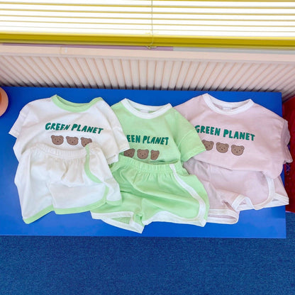 -ベビーセットアップ 2点セット 半袖Tシャツ+ショートパンツ ベアくまプリント 3カラー【mh0005602】 - mamahalo shop - 半袖セットアップ -  べビー服 - 子供服 - 男の子 - 女の子