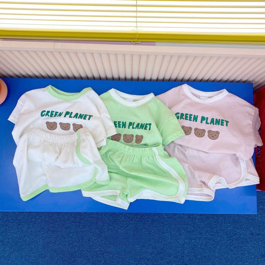 -ベビーセットアップ 2点セット 半袖Tシャツ+ショートパンツ ベアくまプリント 3カラー【mh0005602】 - mamahalo shop - 半袖セットアップ -  べビー服 - 子供服 - 男の子 - 女の子