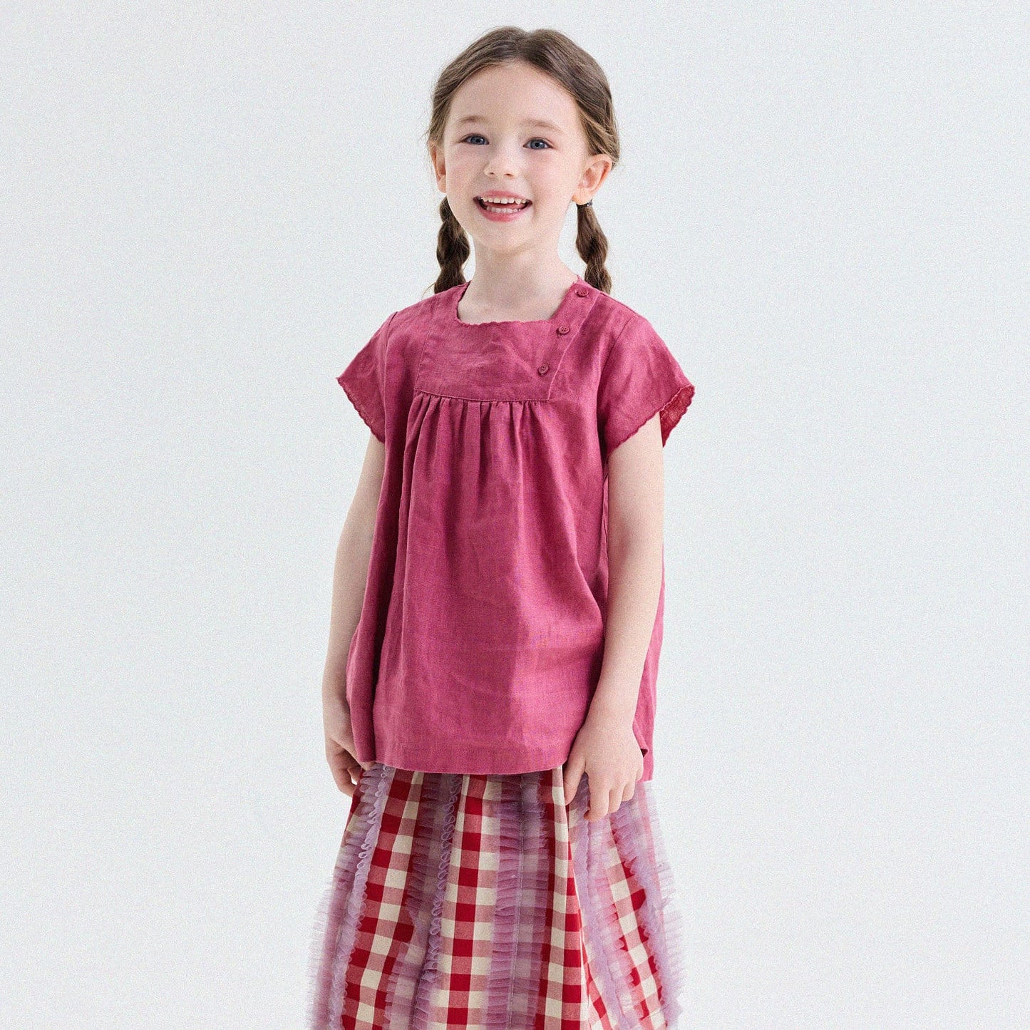 リネン スカラップ Aライン 半袖ブラウス【mh0013752】 Rose Red / 90cm yunerma 半袖シャツ・ブラウス