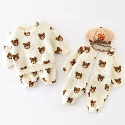 長袖セットアップ ベビージャンプスーツ/キッズセットアップ 2点セット ベアくま柄ファーフリースジップアップロンパース/長袖スウェットシャツ+ロングパンツ【mh0007842】