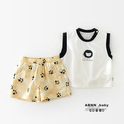 ノースリーブセットアップ ライオンプリントタンクトップ+ショートパンツセットアップ 2点セット【mh0009609】