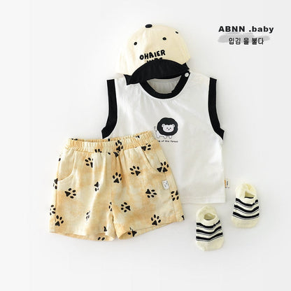 ノースリーブセットアップ ライオンプリントタンクトップ+ショートパンツセットアップ 2点セット【mh0009609】