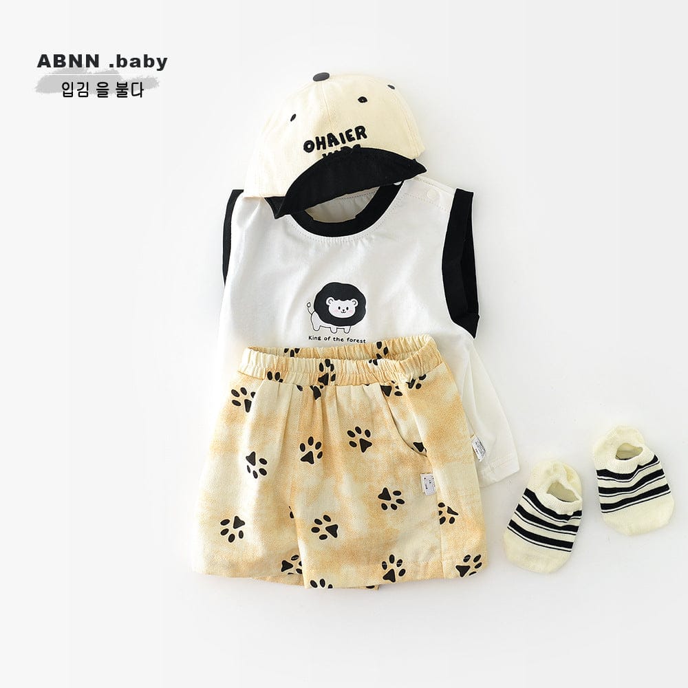 ノースリーブセットアップ ライオンプリントタンクトップ+ショートパンツセットアップ 2点セット【mh0009609】