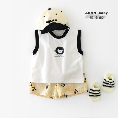 ノースリーブセットアップ ライオンプリントタンクトップ+ショートパンツセットアップ 2点セット【mh0009609】