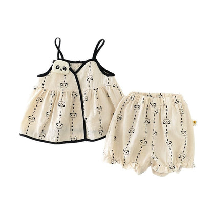 ノースリーブセットアップ パンダプリントキャミソールチュニック+ショートパンツセットアップ 2点セット【mh0009618】