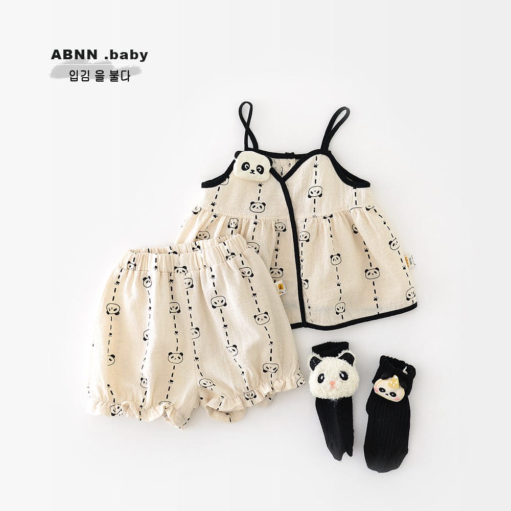 ノースリーブセットアップ パンダプリントキャミソールチュニック+ショートパンツセットアップ 2点セット【mh0009618】