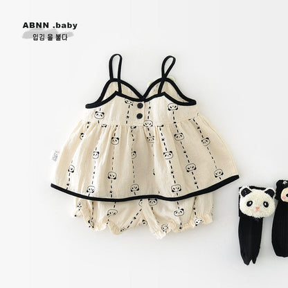 ノースリーブセットアップ パンダプリントキャミソールチュニック+ショートパンツセットアップ 2点セット【mh0009618】