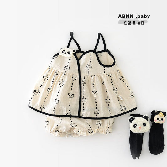 ノースリーブセットアップ パンダプリントキャミソールチュニック+ショートパンツセットアップ 2点セット【mh0009618】