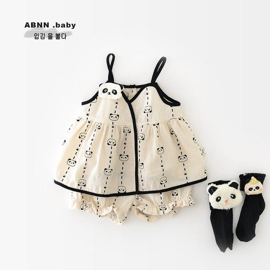 ノースリーブセットアップ パンダプリントキャミソールチュニック+ショートパンツセットアップ 2点セット【mh0009618】