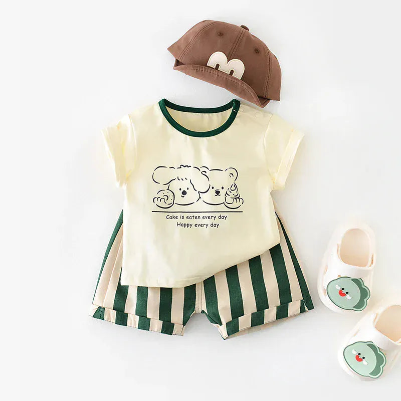 半袖セットアップ ベビーセットアップ 2点セット 半袖Tシャツ+ストライプショートパンツ アニマルプリント【mh0004954】