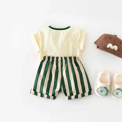 半袖セットアップ ベビーセットアップ 2点セット 半袖Tシャツ+ストライプショートパンツ アニマルプリント【mh0004954】