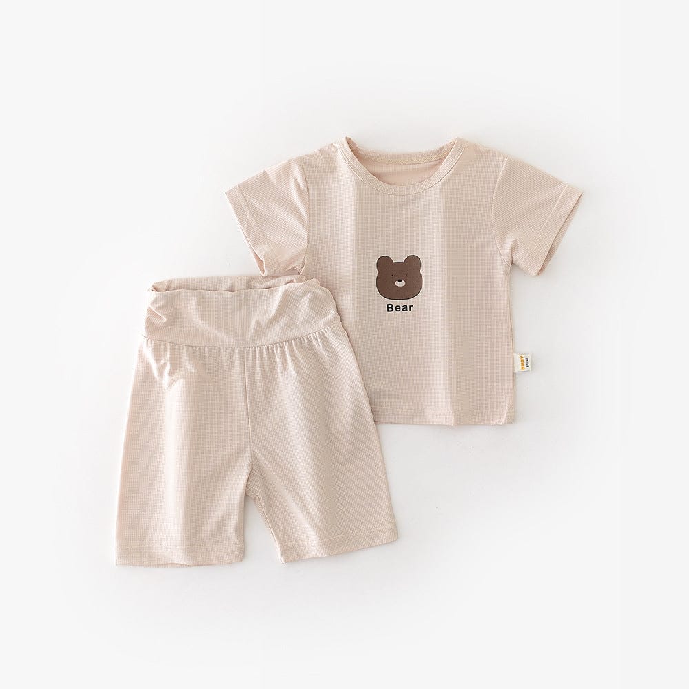 半袖セットアップ Beige / 73cm ベアくまプリント半袖Tシャツ+ハイウェストパンツセットアップ 2点セット【mh0009608】