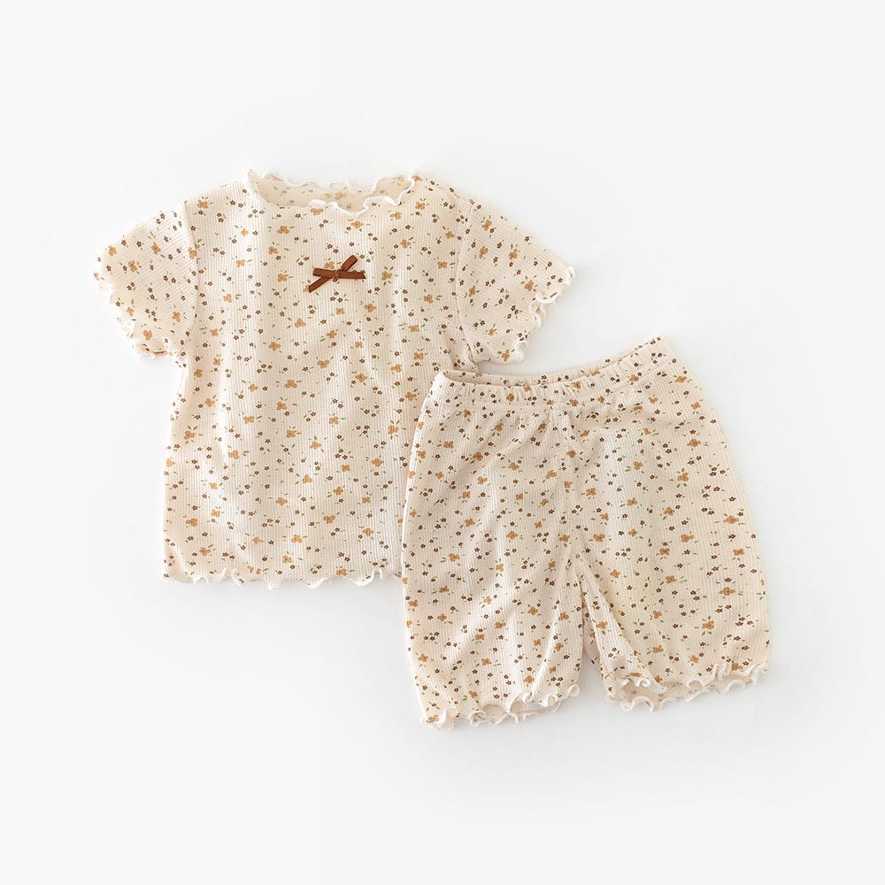 半袖セットアップ Brown / 73cm フラワープリントフリル半袖セットアップ【mh0009604】