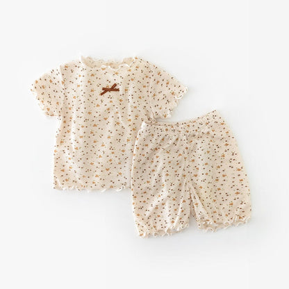 半袖セットアップ Brown / 73cm フラワープリントフリル半袖セットアップ【mh0009604】