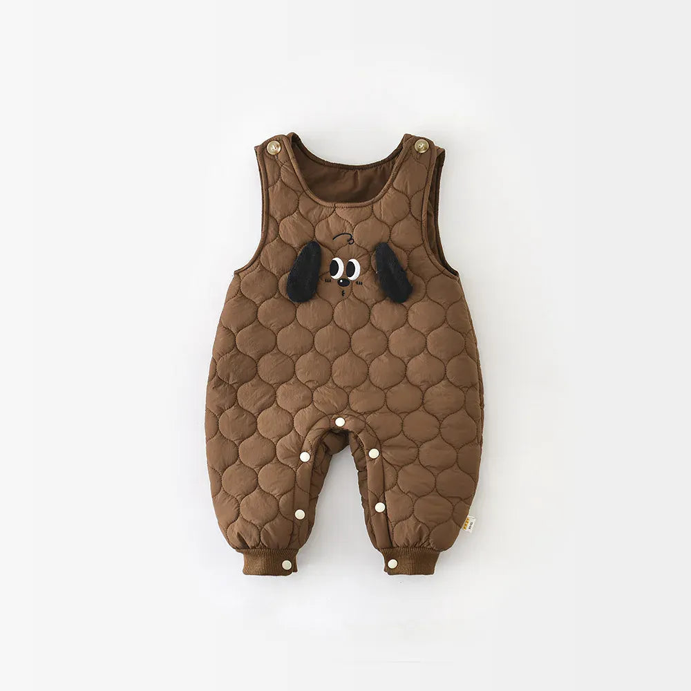 ノースリーブジャンプスーツ Brown / 9M  73CM ベビージャンプスーツ 犬ドッグアップリケキルティングノースリーブロンパース【mh0007790】