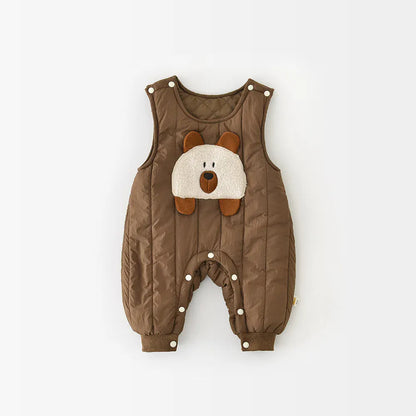 ノースリーブジャンプスーツ Brown / 9M  73CM ベビージャンプスーツ ベアくまアップリケキルティングノースリーブロンパース【mh0007819】