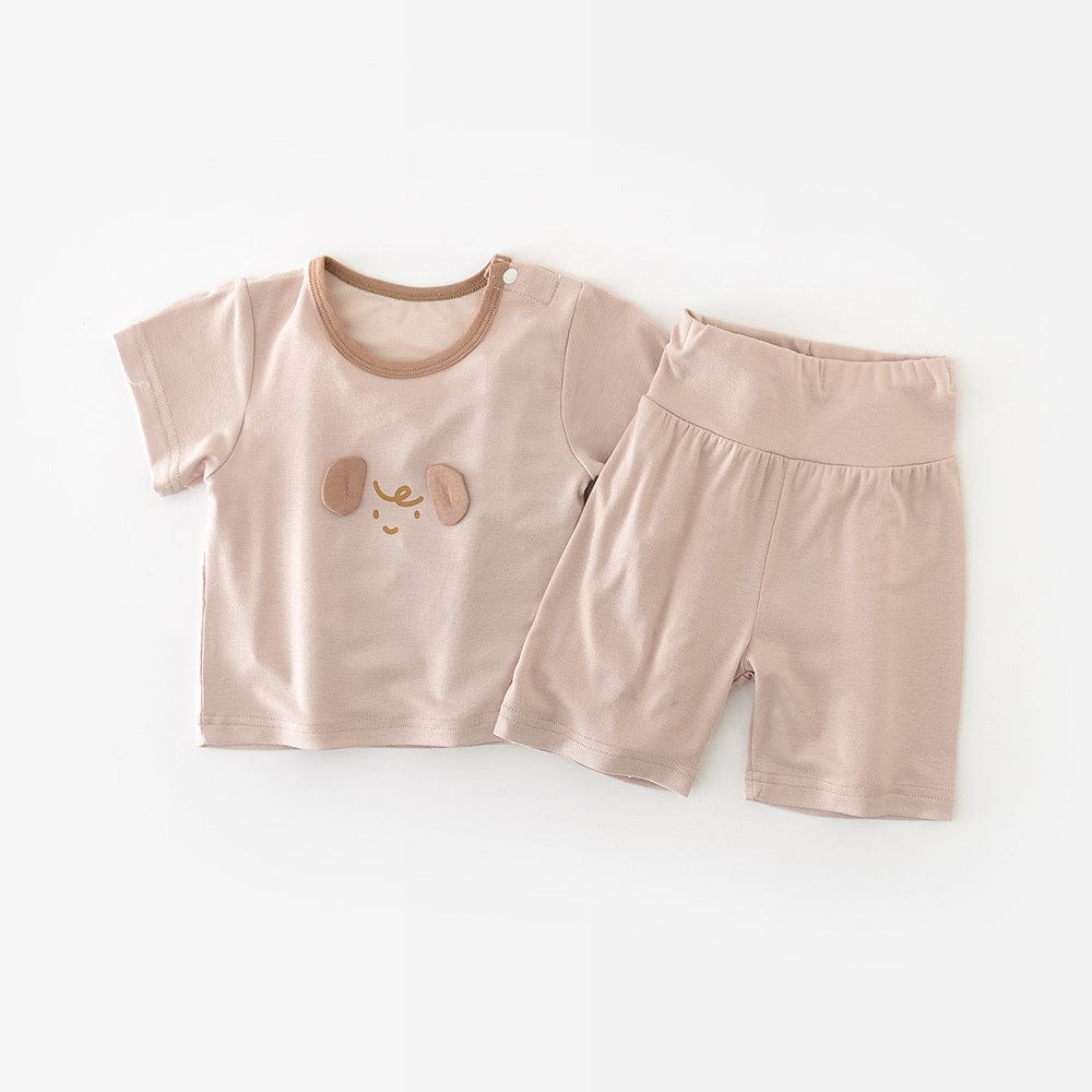 半袖セットアップ Coffee / 73cm アニマルアップリケ半袖Tシャツ+ショートパンツセットアップ 2点セット【mh0009612】