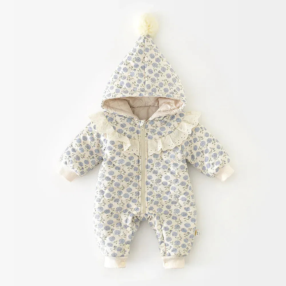 長袖ロンパース Flower / 66cm 0-6m ベビーアウタージャンプスーツ キルティングとんがりフーディフラワープリント長袖防寒ロンパース【mh0007601】