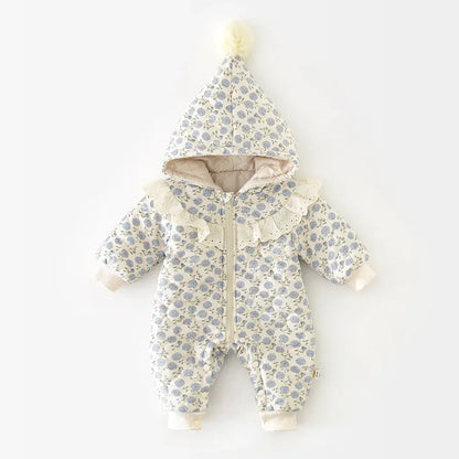 長袖ロンパース Flower / 66cm 0-6m ベビーアウタージャンプスーツ キルティングとんがりフーディフラワープリント長袖防寒ロンパース【mh0007601】