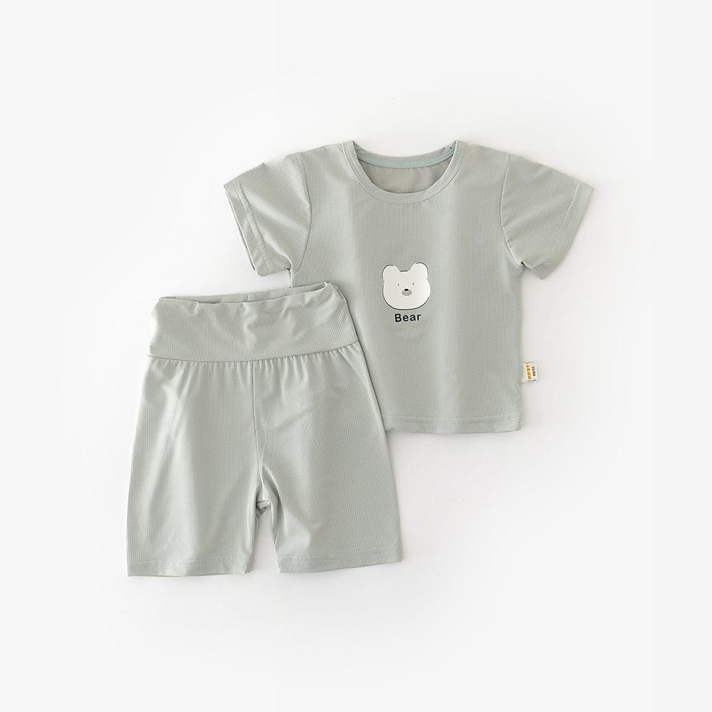 半袖セットアップ Green / 73cm ベアくまプリント半袖Tシャツ+ハイウェストパンツセットアップ 2点セット【mh0009608】