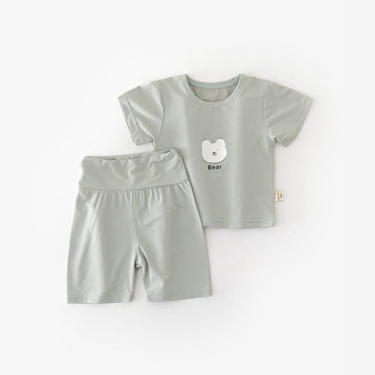 半袖セットアップ Green / 73cm ベアくまプリント半袖Tシャツ+ハイウェストパンツセットアップ 2点セット【mh0009608】