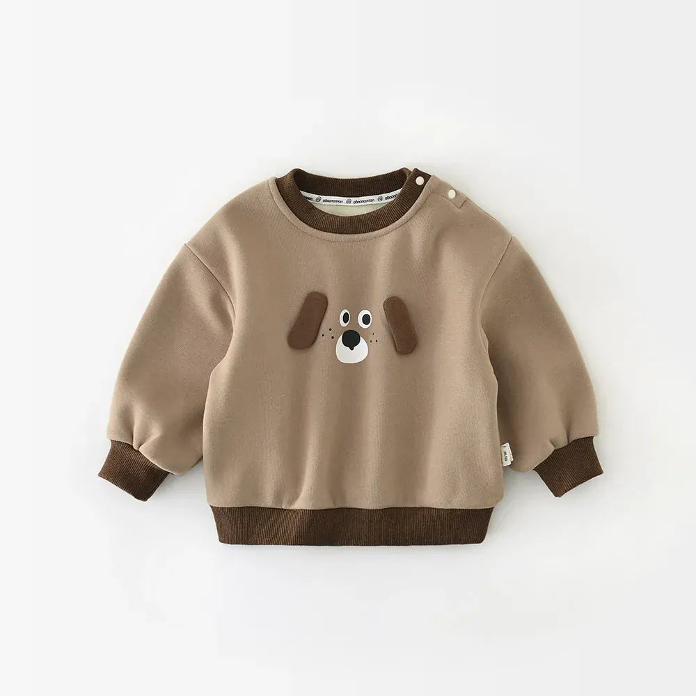 トレーナー・フーディ Khaki / 9M  73CM ベビーキッズトップス 犬ドッグアップリケ裏フリース長袖スウェットシャツプルオーバー【mh0007791】