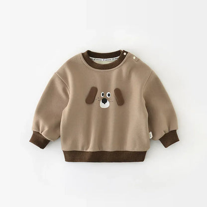 トレーナー・フーディ Khaki / 9M  73CM ベビーキッズトップス 犬ドッグアップリケ裏フリース長袖スウェットシャツプルオーバー【mh0007791】