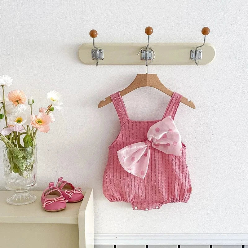 ノースリーブロンパース ベビーロンパース キャミソールボディスーツ 水玉ドットリボン ピンク【mh0004896】