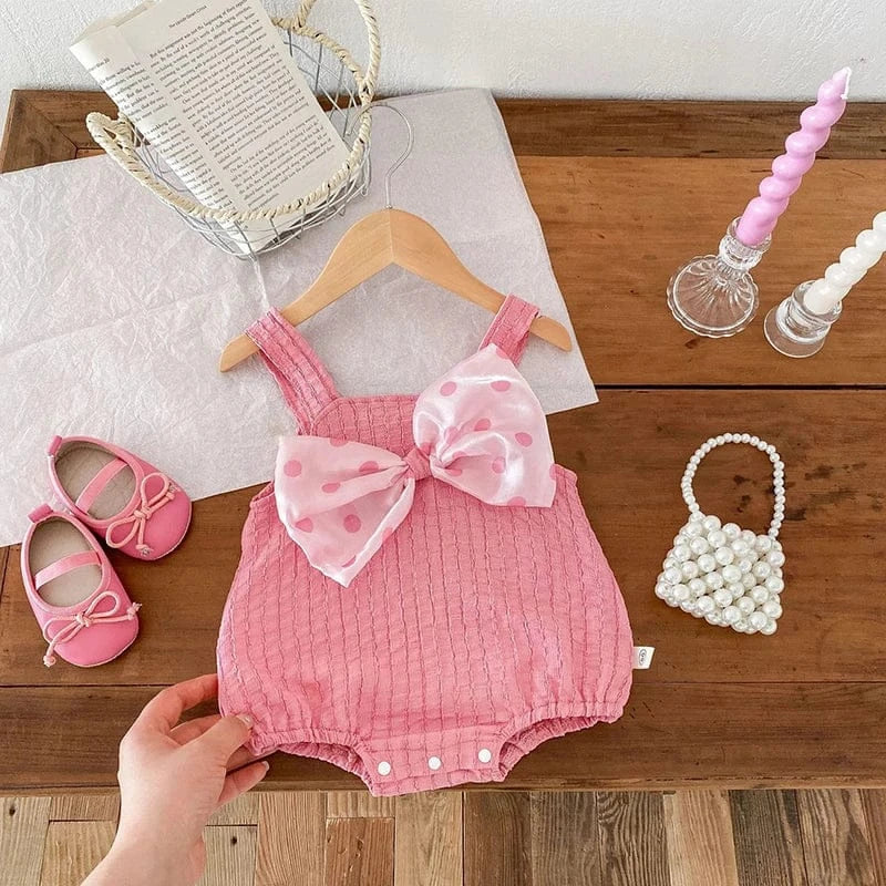 ノースリーブロンパース ベビーロンパース キャミソールボディスーツ 水玉ドットリボン ピンク【mh0004896】