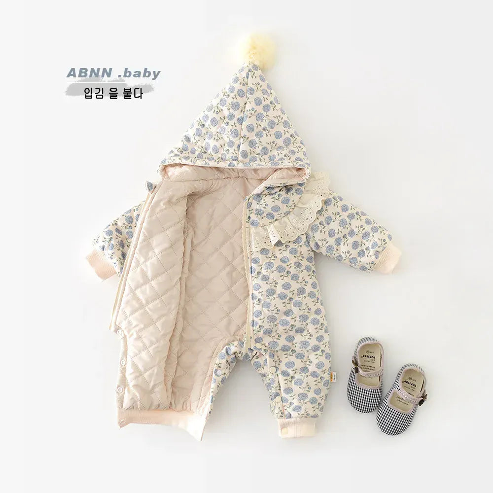 長袖ロンパース ベビーアウタージャンプスーツ キルティングとんがりフーディフラワープリント長袖防寒ロンパース【mh0007601】