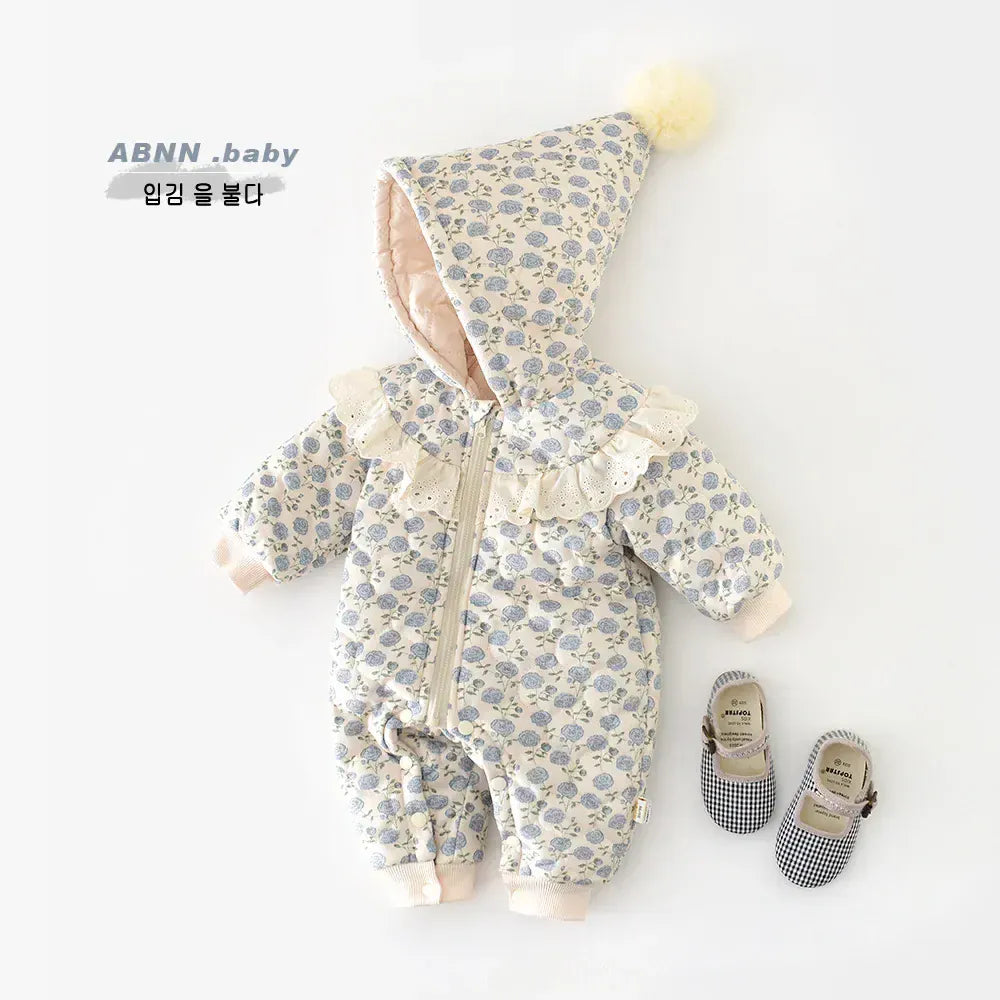 長袖ロンパース ベビーアウタージャンプスーツ キルティングとんがりフーディフラワープリント長袖防寒ロンパース【mh0007601】