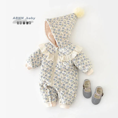 長袖ロンパース ベビーアウタージャンプスーツ キルティングとんがりフーディフラワープリント長袖防寒ロンパース【mh0007601】