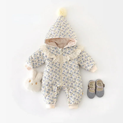 長袖ロンパース ベビーアウタージャンプスーツ キルティングとんがりフーディフラワープリント長袖防寒ロンパース【mh0007601】