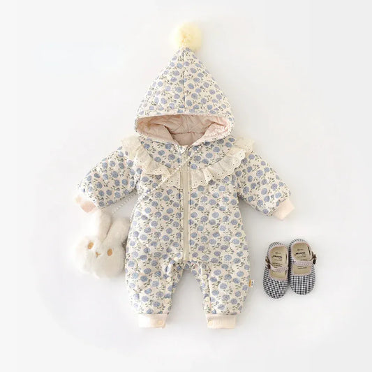長袖ロンパース ベビーアウタージャンプスーツ キルティングとんがりフーディフラワープリント長袖防寒ロンパース【mh0007601】