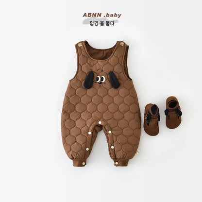 ノースリーブジャンプスーツ ベビージャンプスーツ 犬ドッグアップリケキルティングノースリーブロンパース【mh0007790】