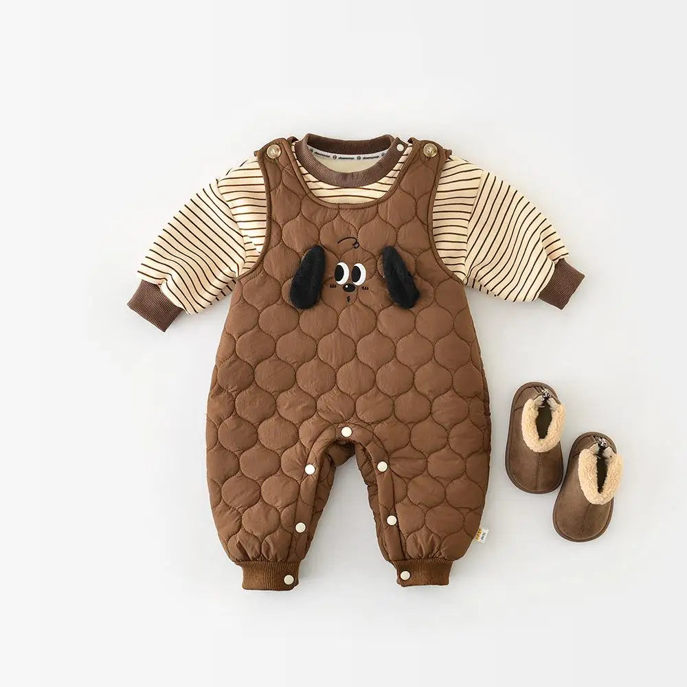 ノースリーブジャンプスーツ ベビージャンプスーツ 犬ドッグアップリケキルティングノースリーブロンパース【mh0007790】