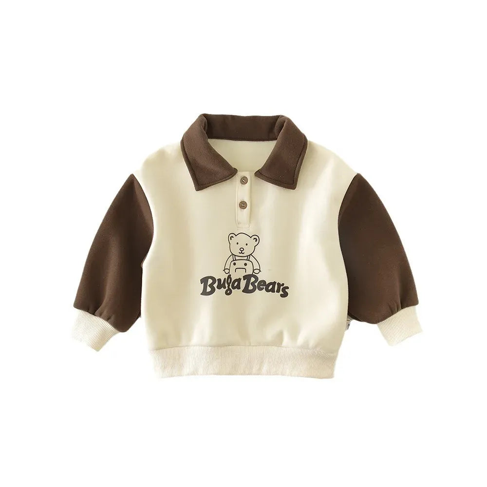 長袖シャツ・ブラウス ベビーキッズトップス ベアくまプリント裏フリース長袖ポロシャツ【mh0007797】