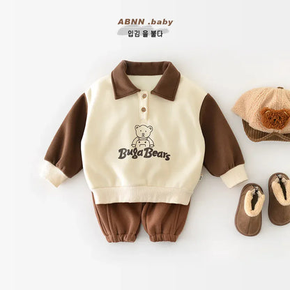 長袖シャツ・ブラウス ベビーキッズトップス ベアくまプリント裏フリース長袖ポロシャツ【mh0007797】