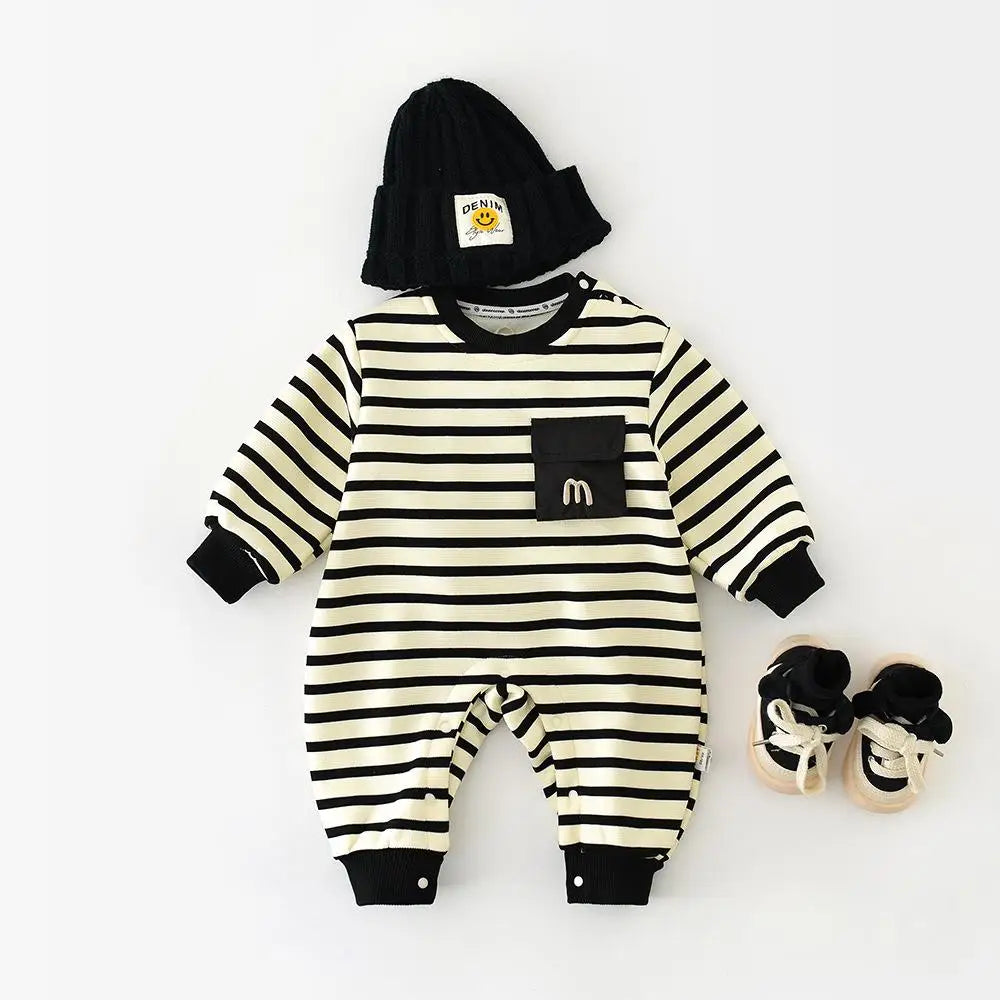 長袖ロンパース ベビージャンプスーツ ボーダー裏フリース長袖ロンパース【mh0007802】