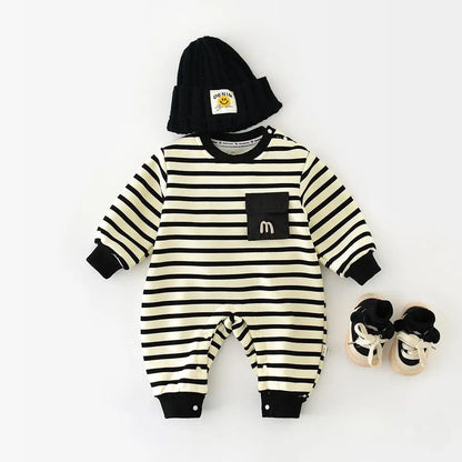 長袖ロンパース ベビージャンプスーツ ボーダー裏フリース長袖ロンパース【mh0007802】