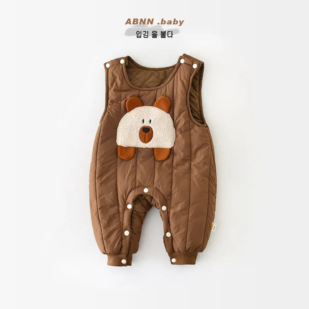 ノースリーブジャンプスーツ ベビージャンプスーツ ベアくまアップリケキルティングノースリーブロンパース【mh0007819】